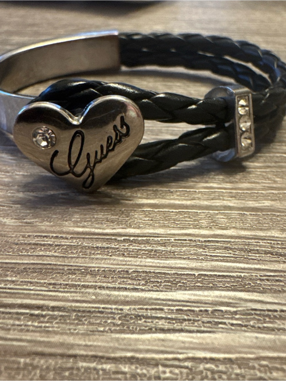 GUESS Black Braided Leather & Silver Bracelet, W/Heart Clasp 7”